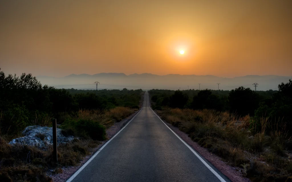 Sunset Road Horizon Trees Mountains