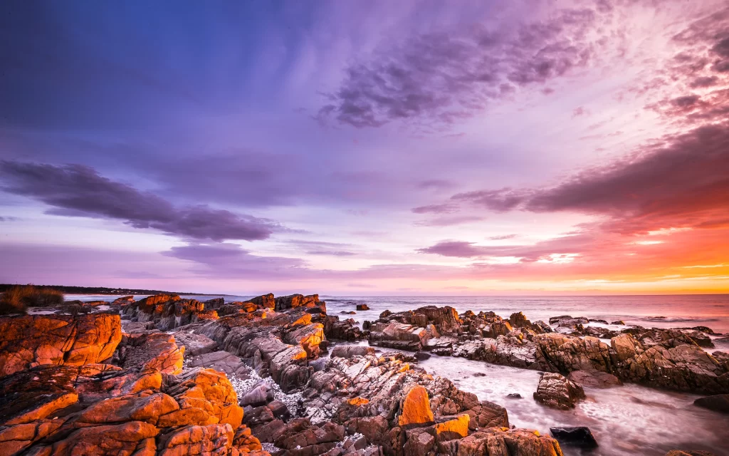 Sunset Rocky Shoreline Ocean Waves Clouds