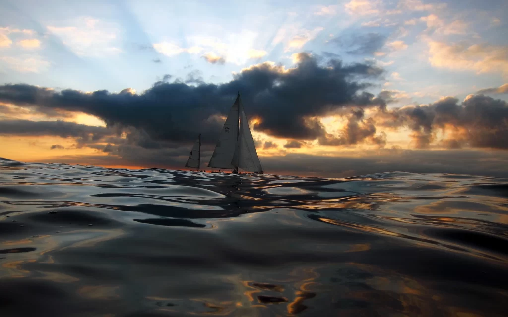 Sunset Sailboat Ocean Waves Clouds Horizon