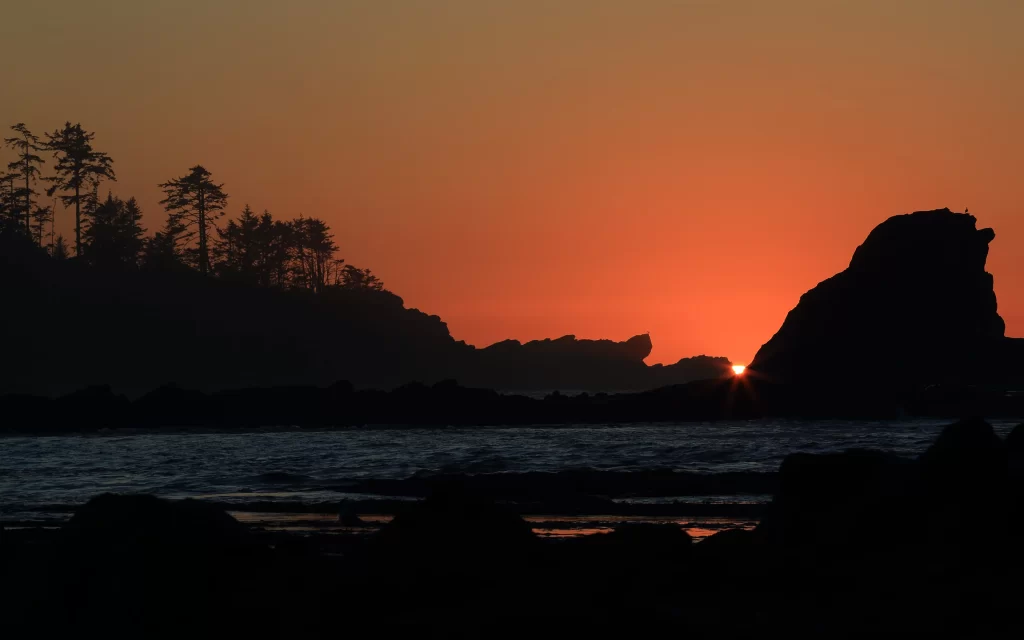 Sunset Silhouette Ocean Rocks Trees