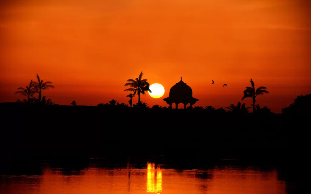Sunset Silhouette Palm Trees Pavilion Water Reflection