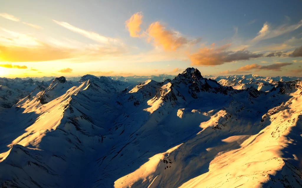 Sunset Snowy Mountains Peaks Clouds Sky
