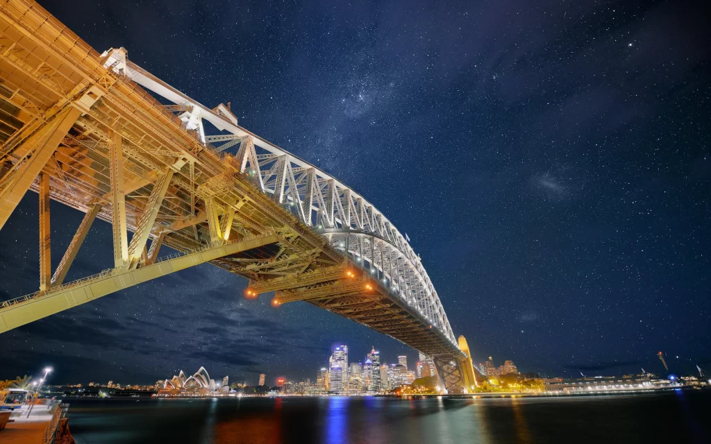 Sydney Harbour Bridge Starry Night Sky Cityscape Water Reflection Iconic Landmark Urban Lights
