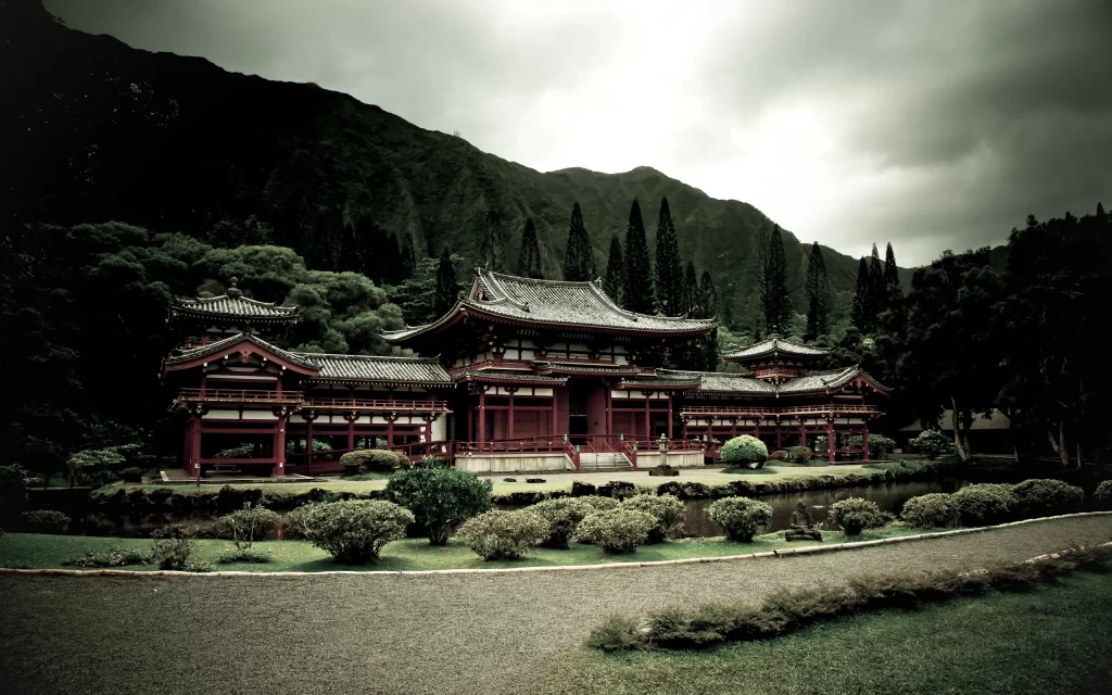 Traditional Japanese Architecture Temple Nature Mountains Clouds Garden