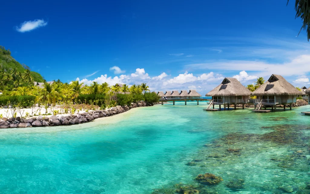 Tropical Paradise Overwater Bungalows Clear Blue Water Lush Greenery