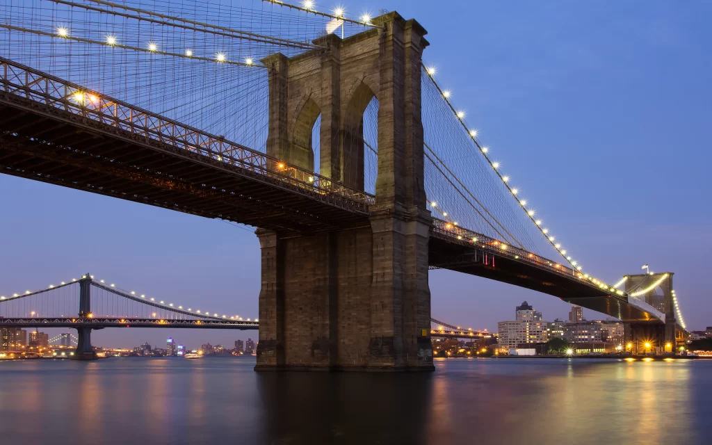 Twilight Bridge Lights Cityscape Reflection