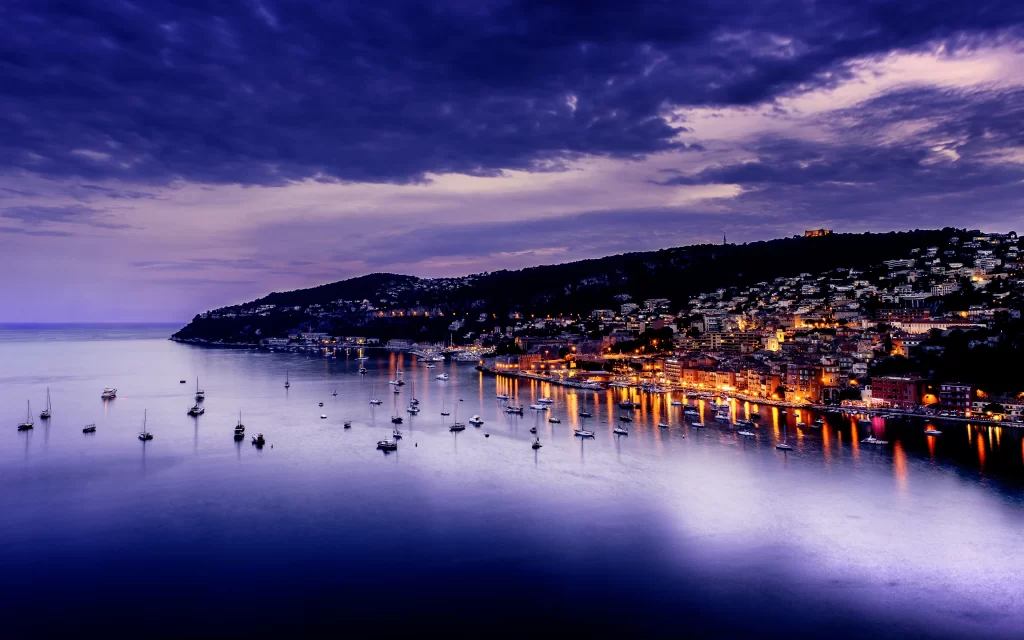 Twilight Coastal Town Boats Harbor Lights