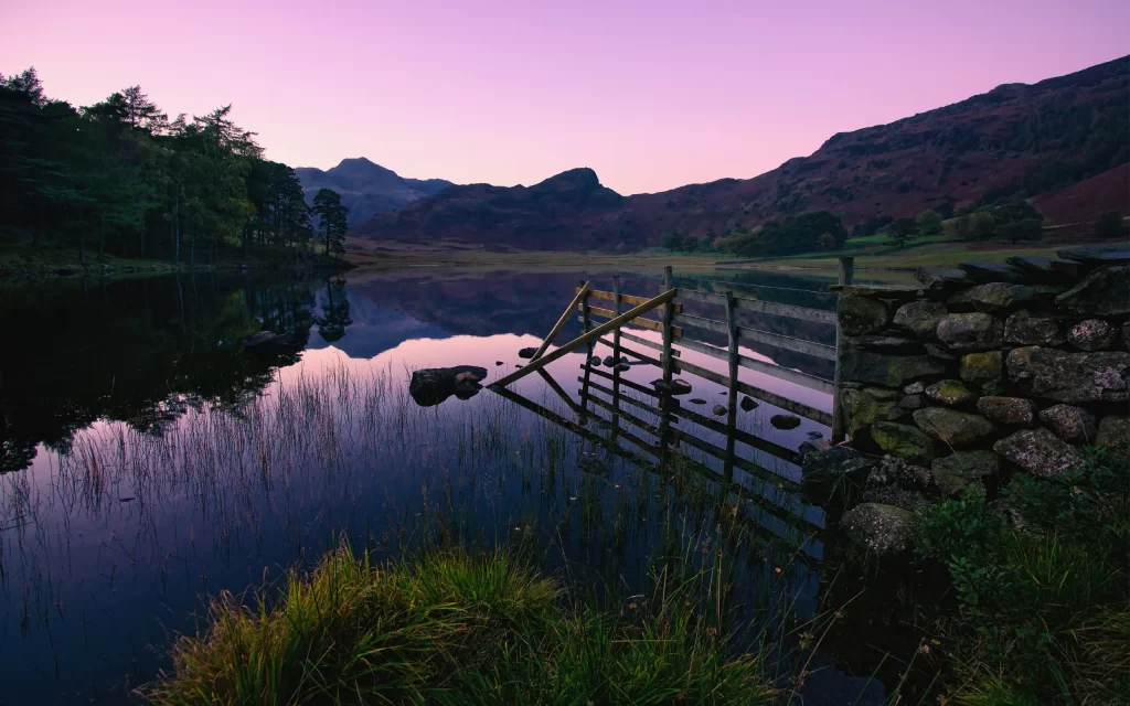 Twilight Lake Mountains Reflection Fence Rocks