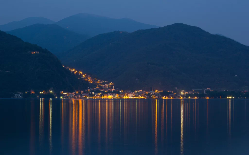 Twilight Mountain Town Lights Reflection