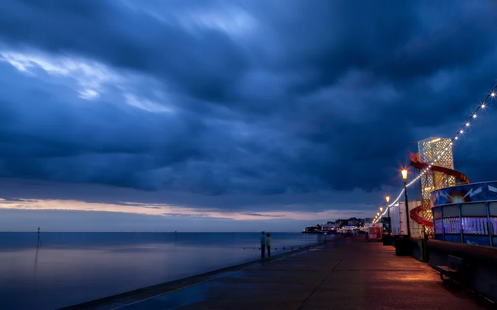 Twilight Seaside Promenade Lights Clouds