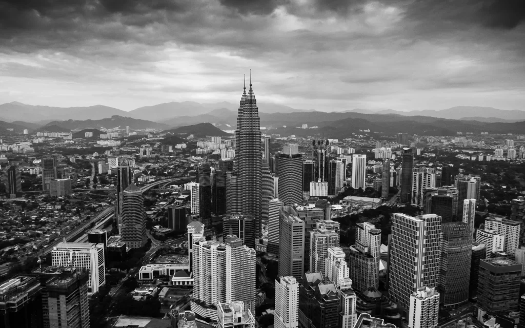 Urban Skyline Skyscrapers Cloudy Mountains Architecture