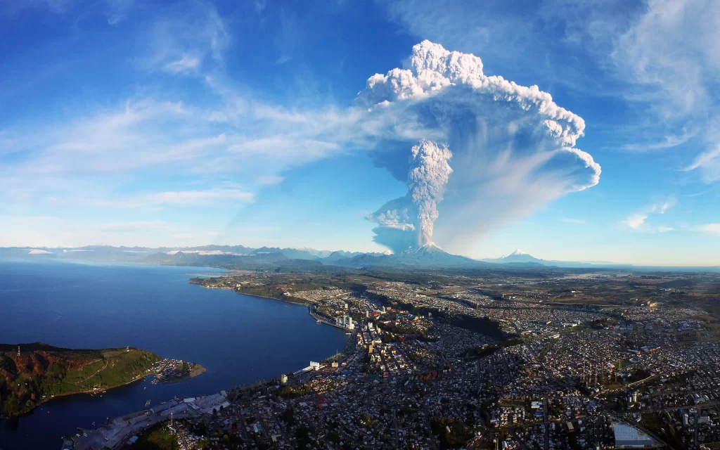Volcano Eruption Ash Cloud Cityscape Water Body Sky