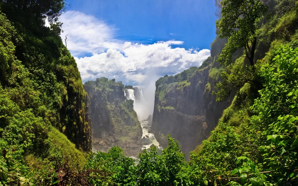 Waterfall Misty Greenery Blue Sky Clouds Nature