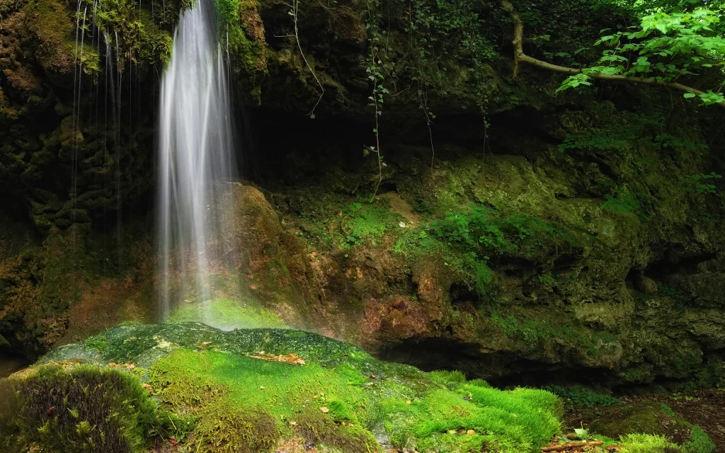 Waterfall Mossy Rocks Greenery Nature Serene