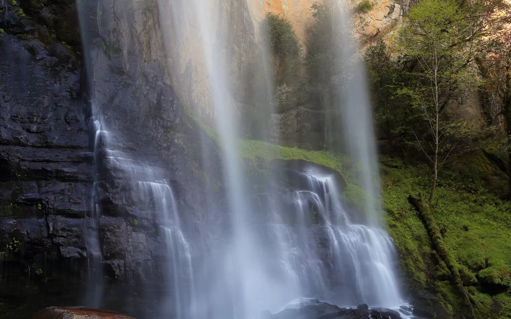 Waterfall Nature Rocks Greenery Misty Sunlight