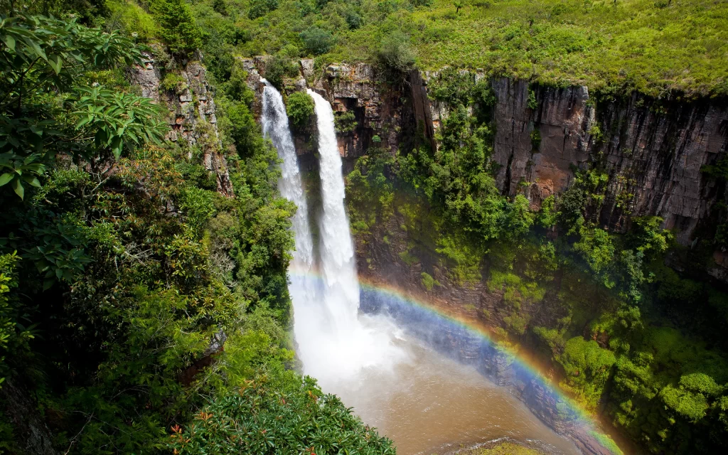 Waterfall Rainbow Greenery Nature Scenic