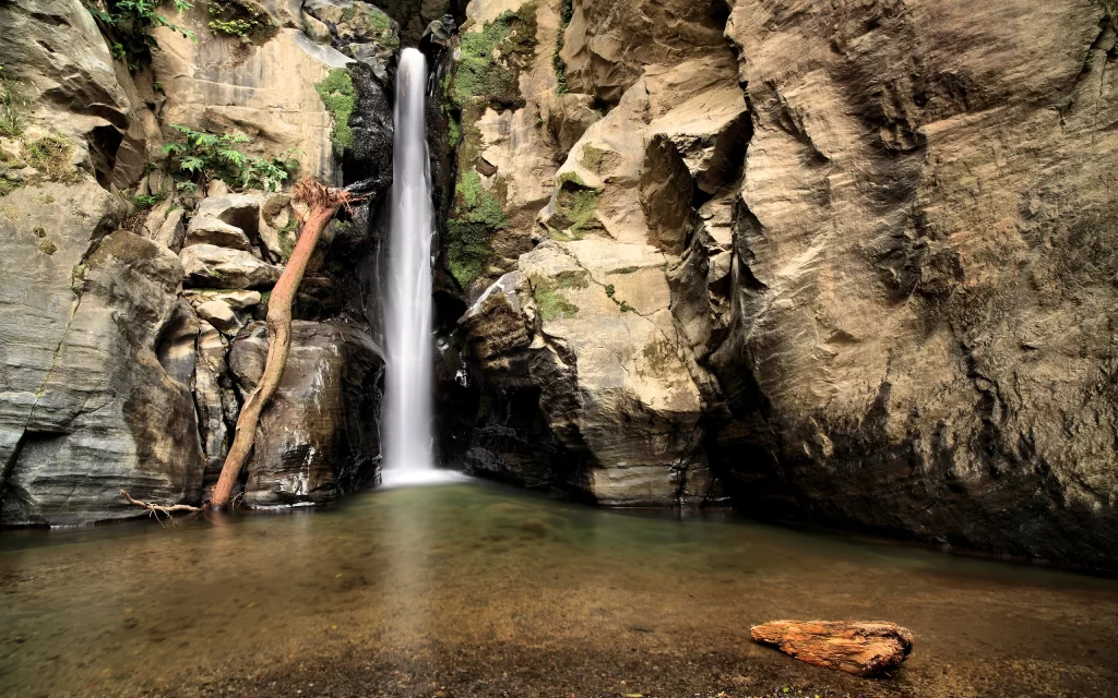 Waterfall Rocky Canyon Mossy Rocks Clear Pool Nature