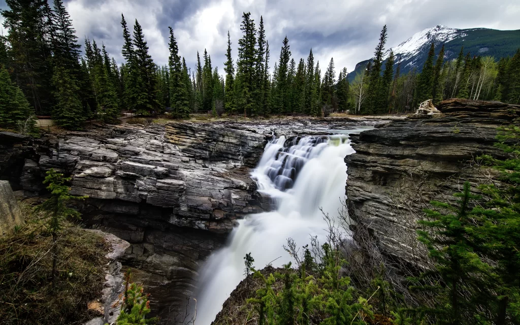 Waterfall Rocky Terrain Forest Mountain Snow