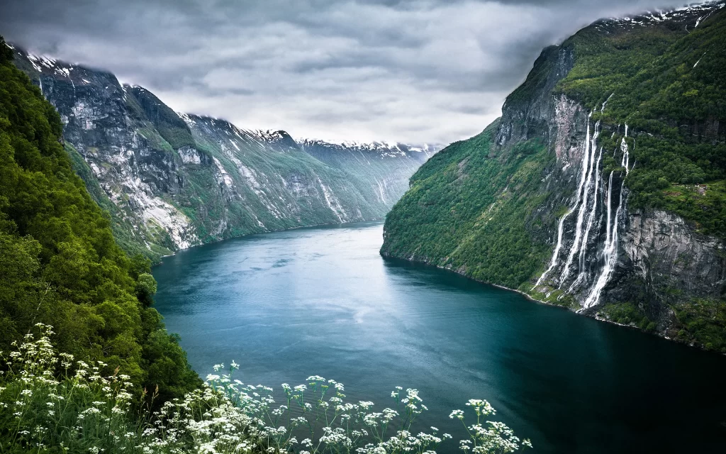 Waterfalls Mountains River Clouds Nature Greenery